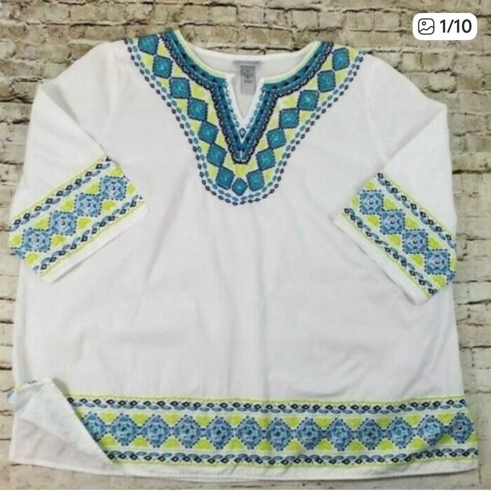 Catherines White Boho Tunic with Blue and Yellow Accents